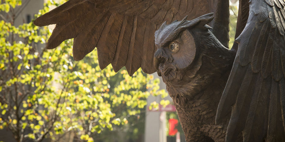 Temple University's Owl sculpture at the center of Main Campus