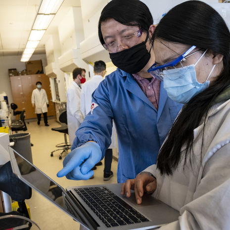 Photo of Dr. Wang in lab with student