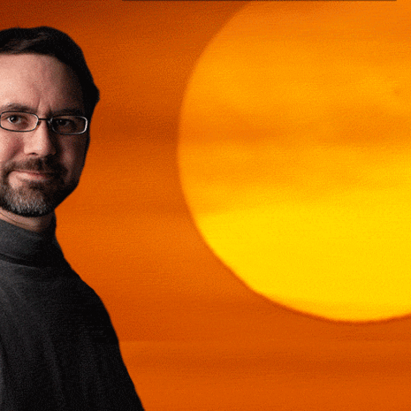 A graphic of the solar eclipse and Assistant Professor of Physics Matthew Newby