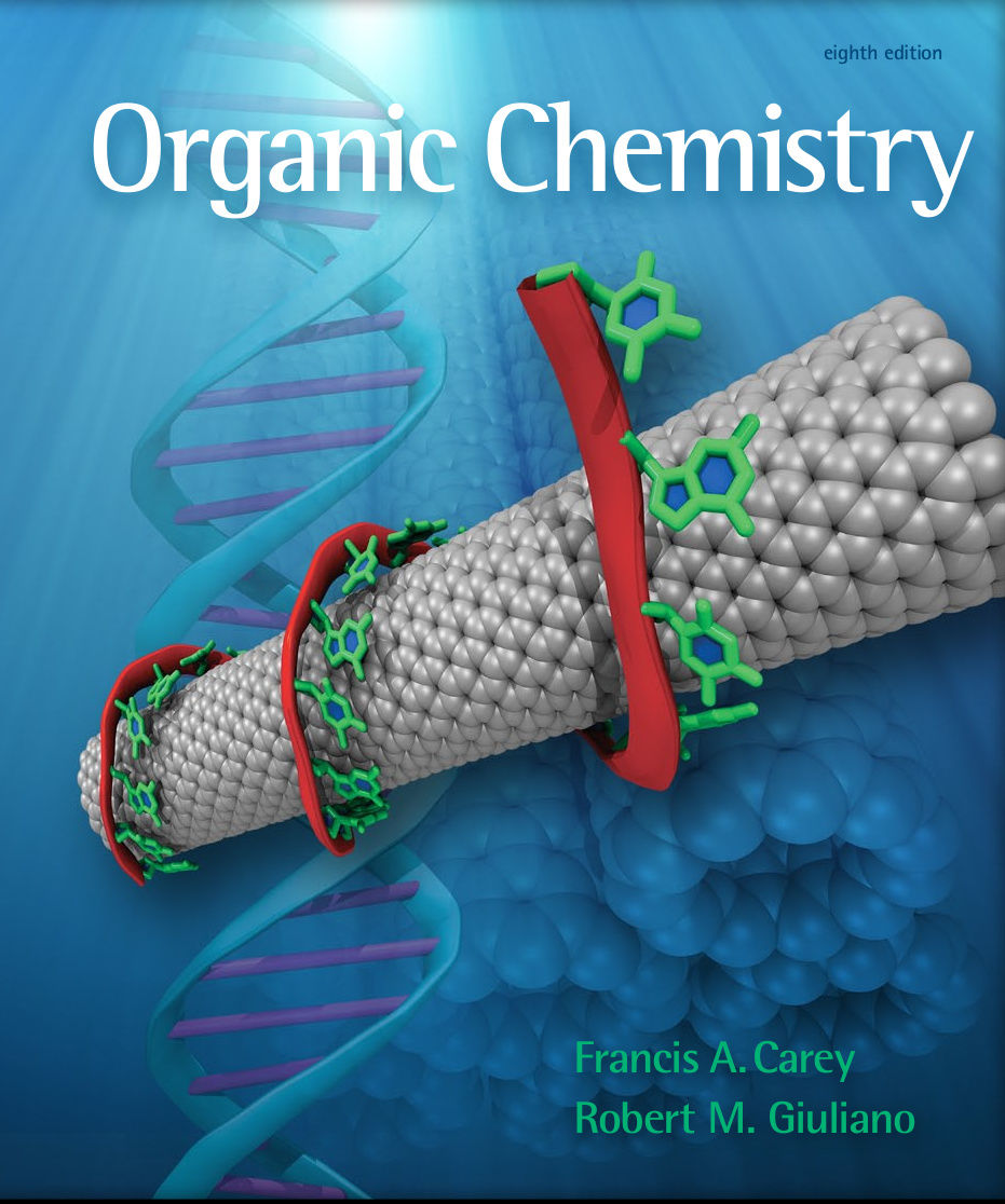 F.A. Carey, R.M. Giuliano, Organic Chemistry, 8th Edition  |  

&quot;Chemistry creates its own object. This creative ability, similar to an art, is the main feature that distinguishes chemistry from the natural and humanitarian sciences.&quot;   -  Marcellin Berthelot (1827-1907)  

This quote from the French chemist Berthelot is illustrated by our cover, which depicts a single-stranded DNA-carbon nanotube (CNT) hybrid. This material was modeled and synthesized by Robert R. Johnson, A. T. Charlie Johnson, and Michael L. Klein at the University of Pennsylvania. The combination of an inorganic nanomaterial such as a carbon nanotube with a biomolecule, while unheard of in nature, opens the possibility of creating new materials with novel properties for applications in biology and chemistry. DNA-CNT hybrids have remarkable properties that are useful in CNT sorting, chemical sensing, and the detection of DNA hybridization.