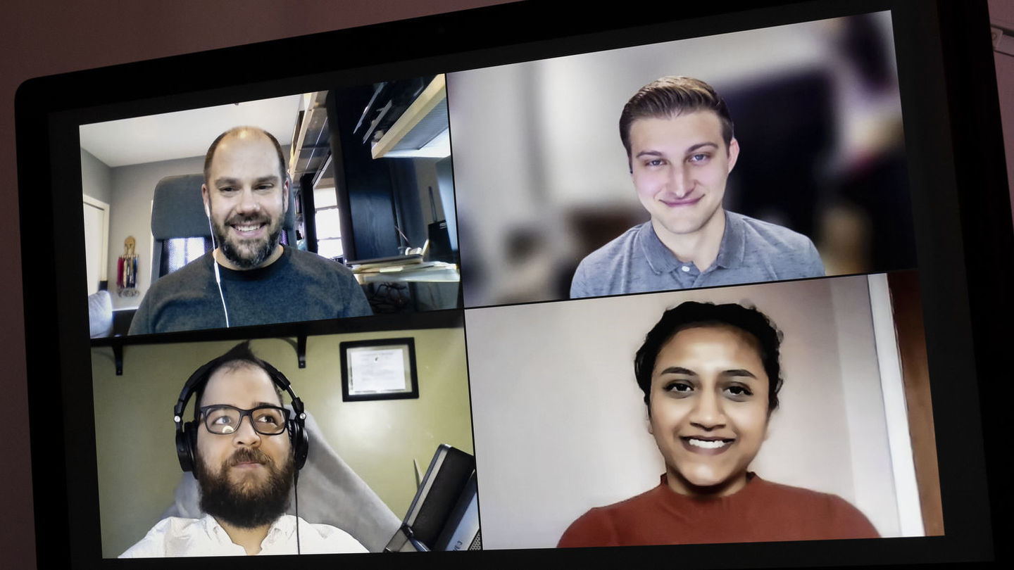 (Clockwise from top left) Instructor and Vanguard technical lead Rob Zahorchak, CST '16, met virtually over two semesters with CIS students Tyler Doudrick, Megha Patel and Alex Perez to build a software program for a real-world client. Rob Zahorchak, Tyler Doudrick, Megha Patel and Alex Perez