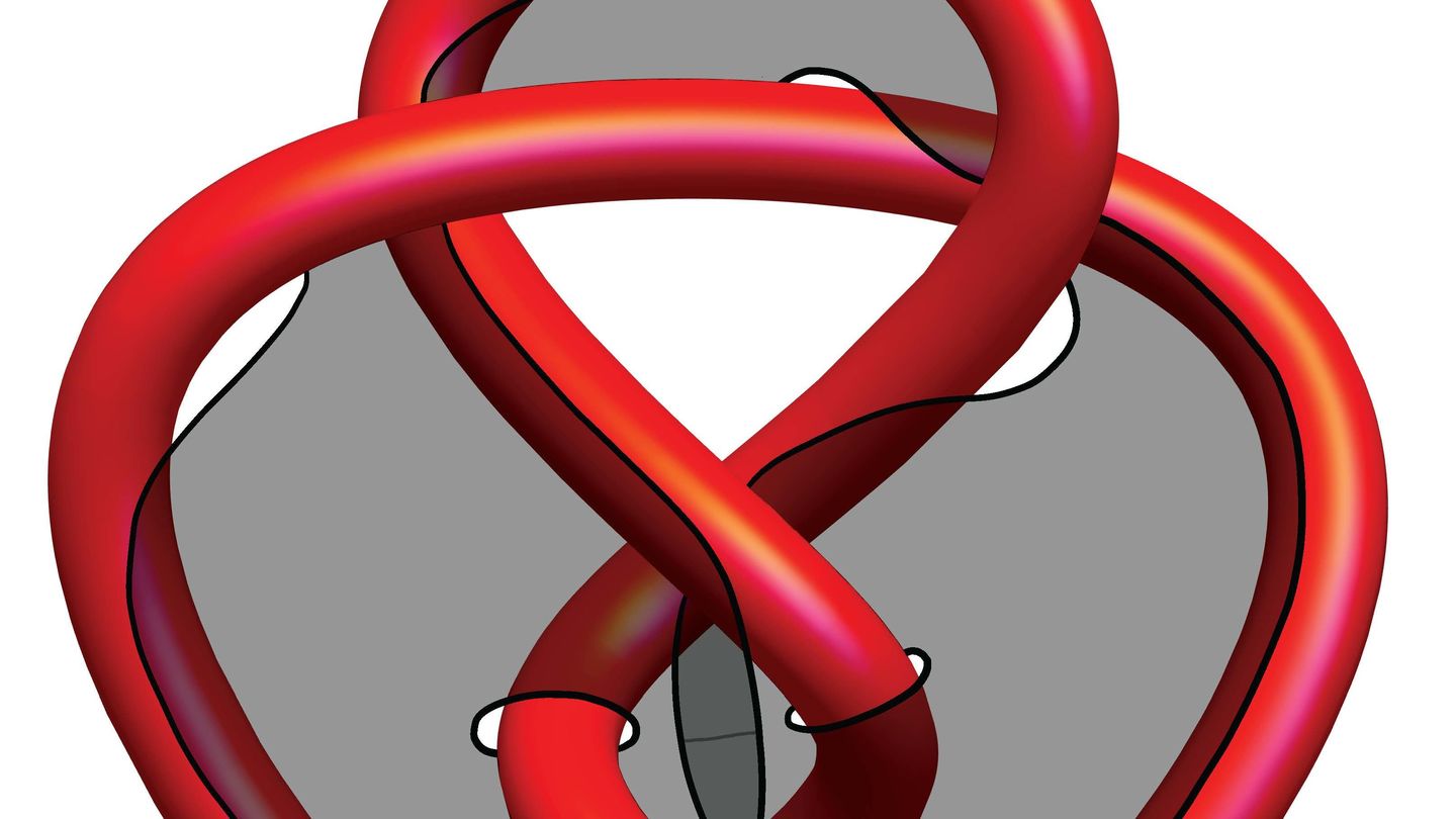 A surface in the complement of the figure-8 knot. Professor Matthew Stover's work characterizes the figure-8 as the only knot having infinitely many totally geodesic surfaces in its complement. The figure-8 knot.